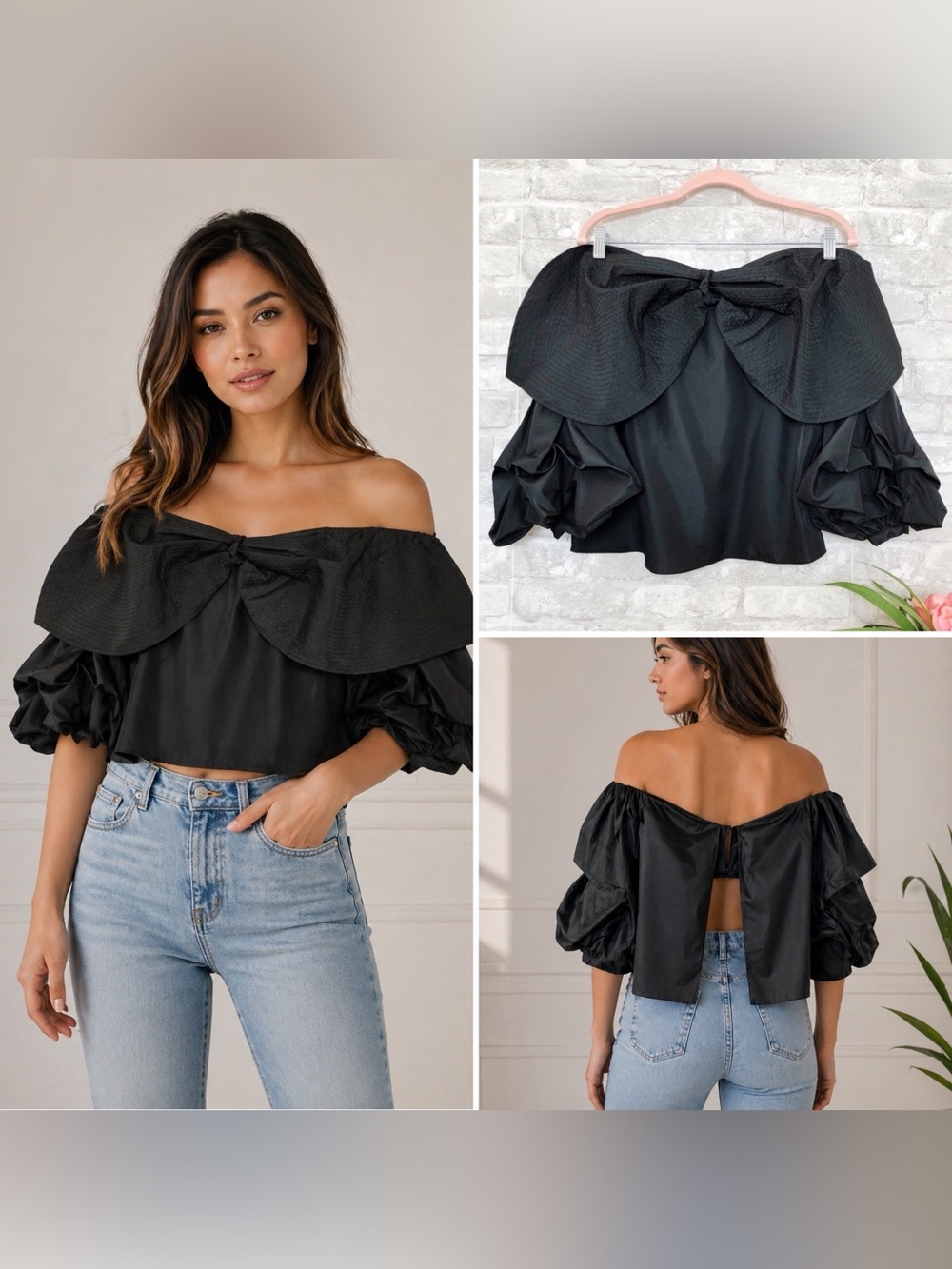 STYLE KEEPERS Black Juliette Bow Off Shoulder Puff Sleeve Blouse Open Back Top